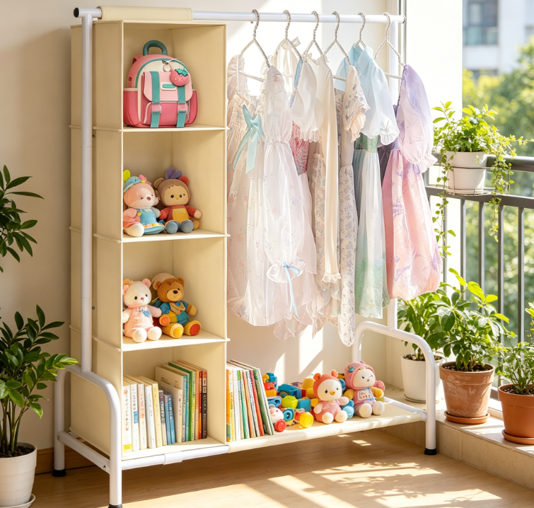Kids Clothing Rack with Hanging Organiser, for Clothes and Dance Costumes, Beige and White